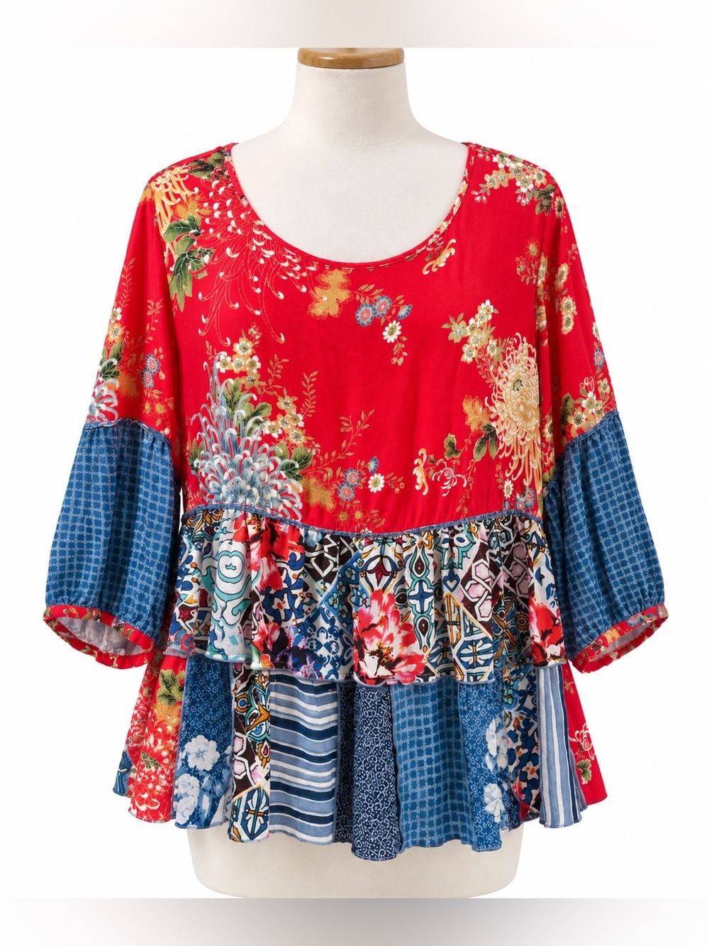 John Mark Red Floral Patchwork Tunic with Blue Accents